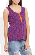 Womens Cotton Printed Short Top Kurti Sleeveless With Contrast Placket And Buttons,3X-Large,W-CST42-3128