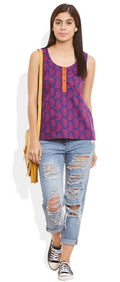 Womens Cotton Printed Short Top Kurti Sleeveless With Contrast Placket And Buttons,4X-Large,W-CST44-3128