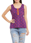 Womens Cotton Printed Short Top Kurti Sleeveless With Contrast Placket And Buttons,Small,W-CST32-3128