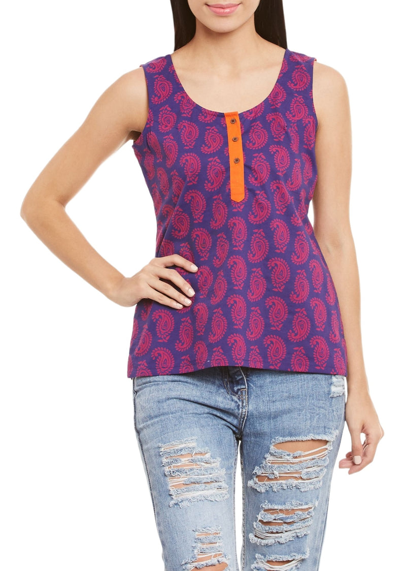 Womens Cotton Printed Short Top Kurti Sleeveless With Contrast Placket And Buttons,X-Large,W-CST38-3128