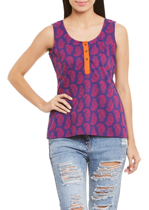 Womens Cotton Printed Short Top Kurti Sleeveless With Contrast Placket And Buttons,Small,W-CST32-3128