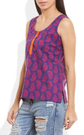 Womens Cotton Printed Short Top Kurti Sleeveless With Contrast Placket And Buttons,Small,W-CST32-3128