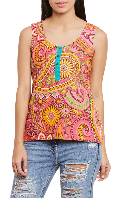 Womens Cotton Printed Short Top Kurti Sleeveless With Contrast Placket And Buttons,3X-Large,W-CST42-3129