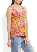 Womens Cotton Printed Short Top Kurti Sleeveless With Contrast Placket And Buttons,Small,W-CST32-3129