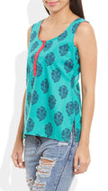 Womens Cotton Printed Short Top Kurti Sleeveless With Contrast Placket And Buttons,3X-Large,W-CST42-3132