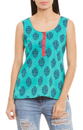 Womens Cotton Printed Short Top Kurti Sleeveless With Contrast Placket And Buttons,Large,W-CST36-3132