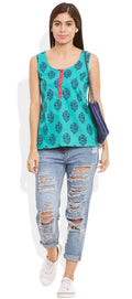 Womens Cotton Printed Short Top Kurti Sleeveless With Contrast Placket And Buttons,X-Large,W-CST38-3132