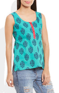 Womens Cotton Printed Short Top Kurti Sleeveless With Contrast Placket And Buttons,X-Large,W-CST38-3132