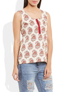 Womens Cotton Printed Short Top Kurti Sleeveless With Contrast Placket And Buttons,X-Large,W-CST38-3137