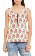 Womens Cotton Printed Short Top Kurti Sleeveless With Contrast Placket And Buttons,2X-Large,W-CST40-3137