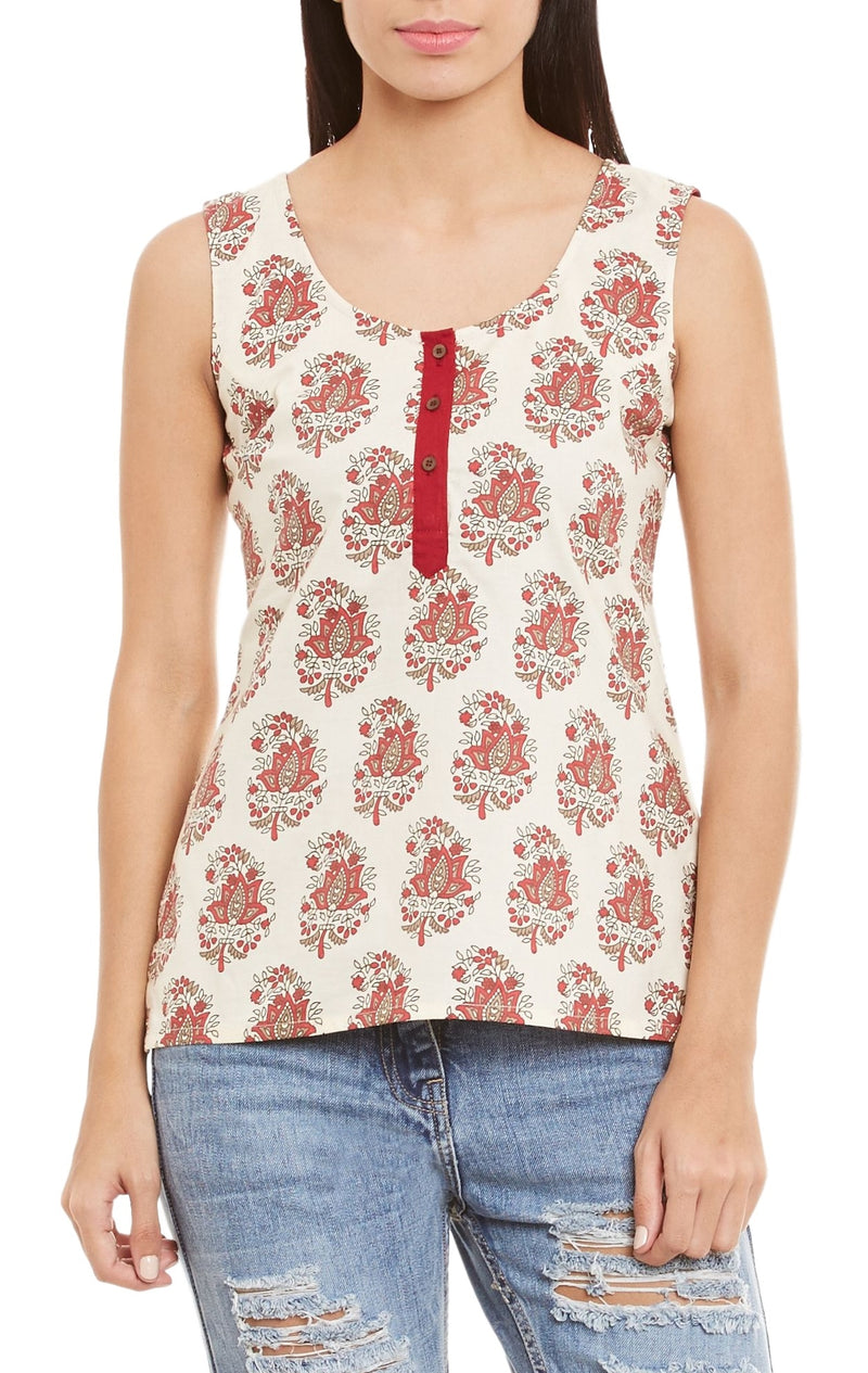 Womens Cotton Printed Short Top Kurti Sleeveless With Contrast Placket And Buttons,Medium,W-CST34-3137