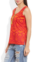 Womens Cotton Printed Short Top Kurti Sleeveless With Contrast Placket And Buttons,Small,W-CST32-3138