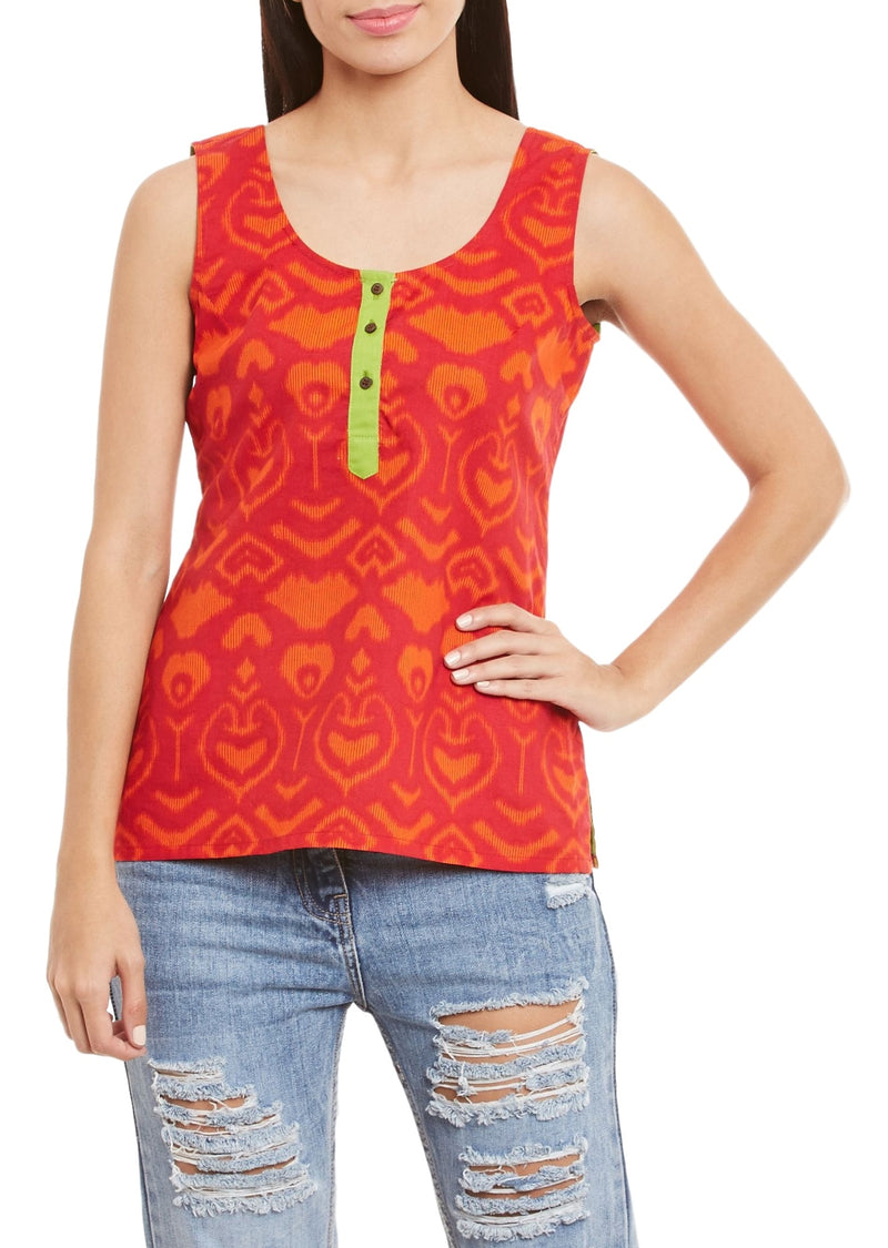 Womens Cotton Printed Short Top Kurti Sleeveless With Contrast Placket And Buttons,4X-Large,W-CST44-3138