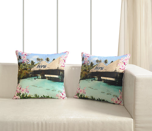 Digitally Printed 100% Cotton Canvas Set Of Two Cushion Covers 18X18 Inch World Theme,Ile Bora-Bora