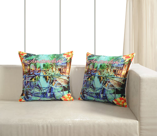 Digitally Printed 100% Cotton Canvas Set Of Two Cushion Covers 18X18 Inch World Theme,Amsterdam