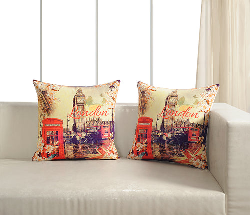 Digitally Printed 100% Cotton Canvas Set Of Two Cushion Covers 18X18 Inch World Theme,London