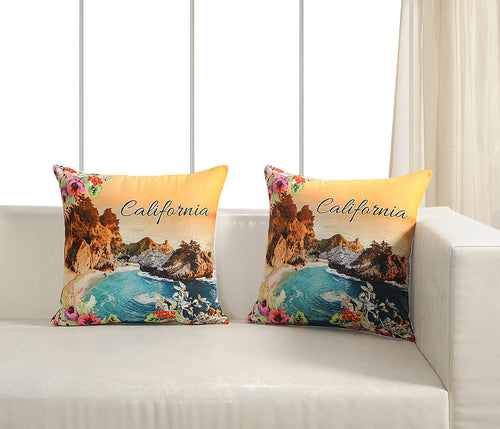 Digitally Printed 100% Cotton Canvas Set Of Two Cushion Covers 18X18 Inch World Theme,California