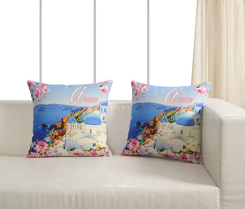 Digitally Printed 100% Cotton Canvas Set Of Two Cushion Covers 18X18 Inch World Theme,Greece