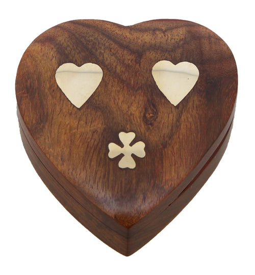 ShalinIndia Heart Shaped Wooden Jewelry Box With 2 Hearts & Flower - 3.5x3.5x1 Inch -Sheesham Wood Brass