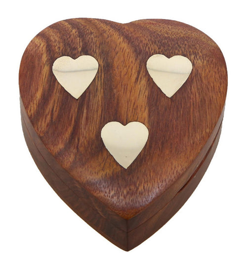 ShalinIndia Handmade Heart Shaped Wooden Jewelry Box With 3 Hearts - 3.5x3.5x 1 Inch -Sheesham Wood Brass