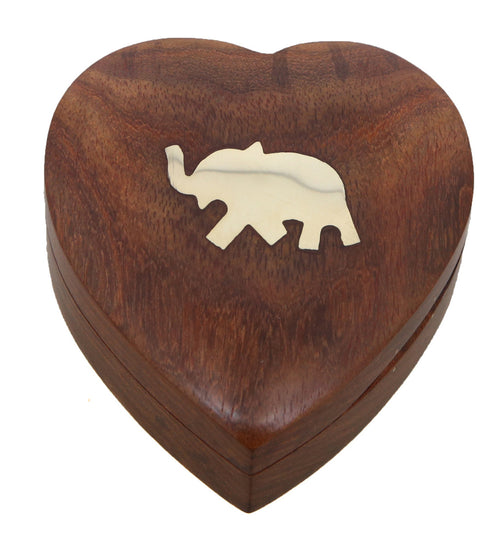 ShalinIndia Handmade Heart Shaped Wooden Jewelry Box With Elephant - 3.5x3.5x1 Inch - Sheesham Wood Brass