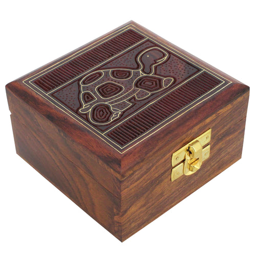 ShalinIndia Handmade Indian Turtle Wooden Jewelry Box - 4x4x2 Inch - Artisan Crafted Sheesham Wood Brass